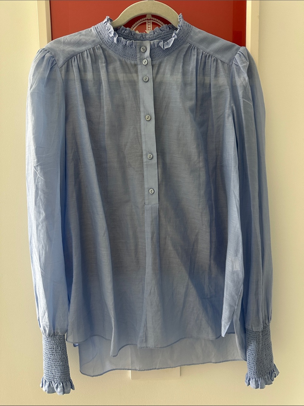 ME+EM Pale Blue Ruffle-Neck Smocked-Cuff Silk and cotton Blouse (US12/UK16)